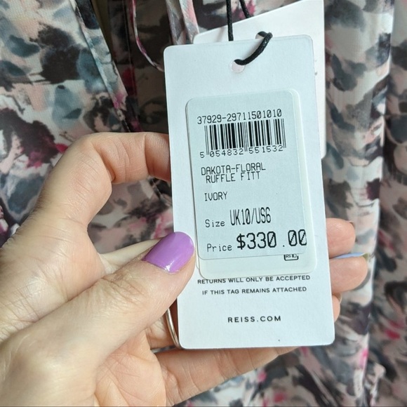 Reiss NWT Watercolor Dakota Dress Size 6 White, Pink, Black - Picture 7 of 7